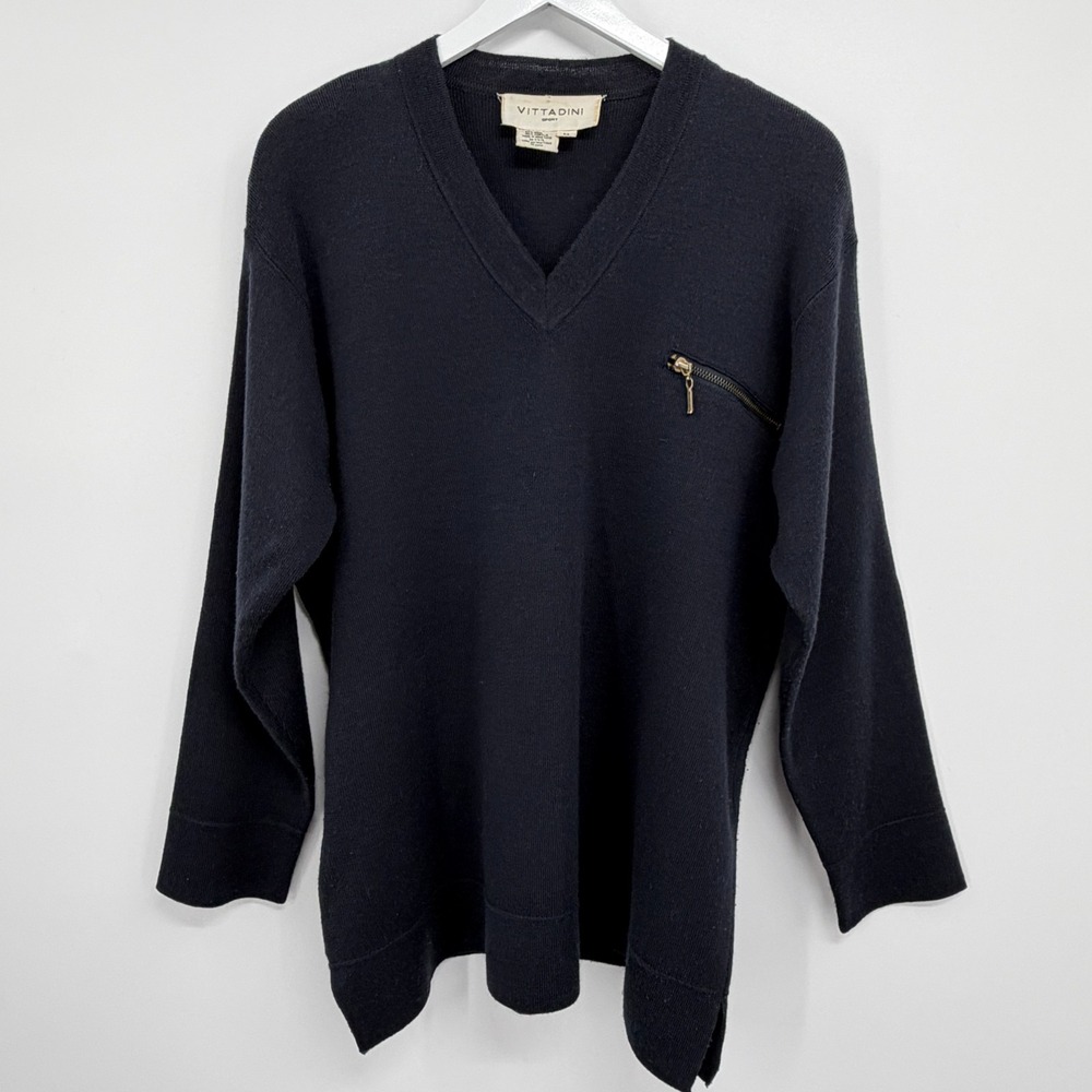 Vintage Vittadini Sport Wool Blend V-Neck Sweater 90s Medium Oversized Black